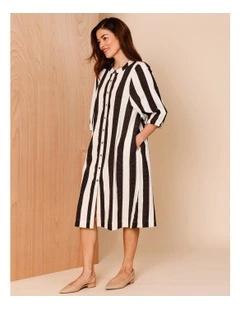 Blouson Sleeve Stripe Dress in Black and Oatmeal Stripe