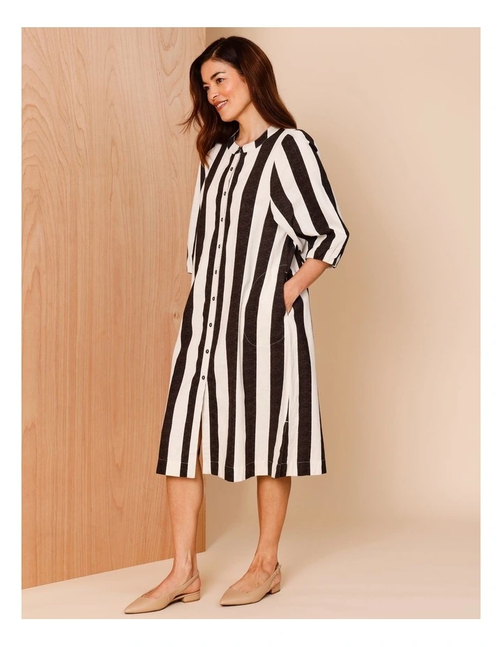 Blouson Sleeve Stripe Dress in Black and Oatmeal Stripe image 1