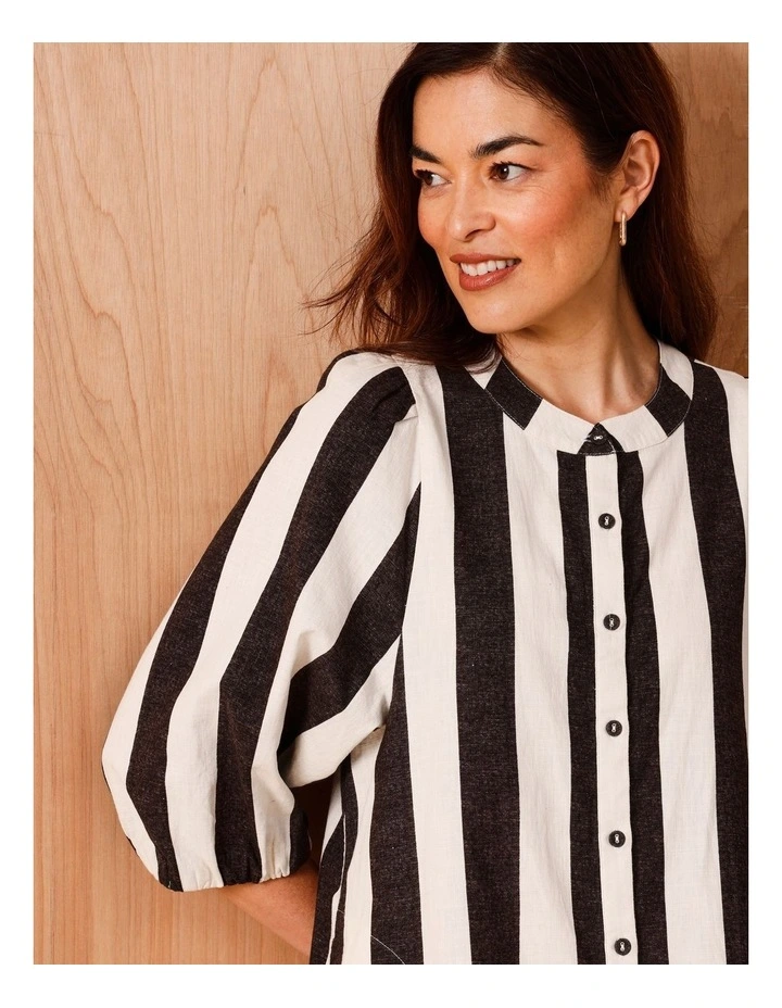 Blouson Sleeve Stripe Dress in Black and Oatmeal Stripe image 2