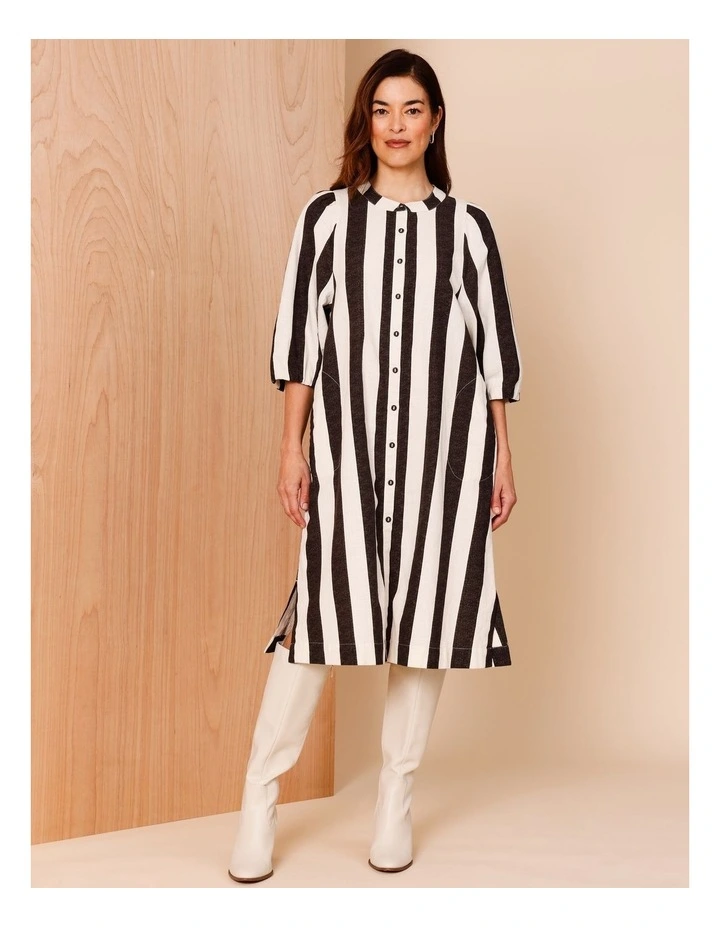 Blouson Sleeve Stripe Dress in Black and Oatmeal Stripe image 3