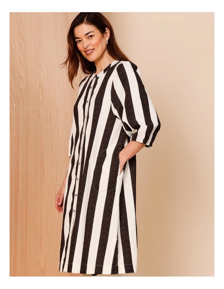 Blouson Sleeve Stripe Dress in Black and Oatmeal Stripe image 7