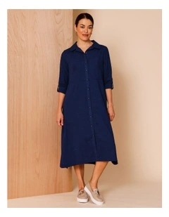 Long Sleeve With Roll Up Tab Shirt Dress With Pockets in Navy Crossdye