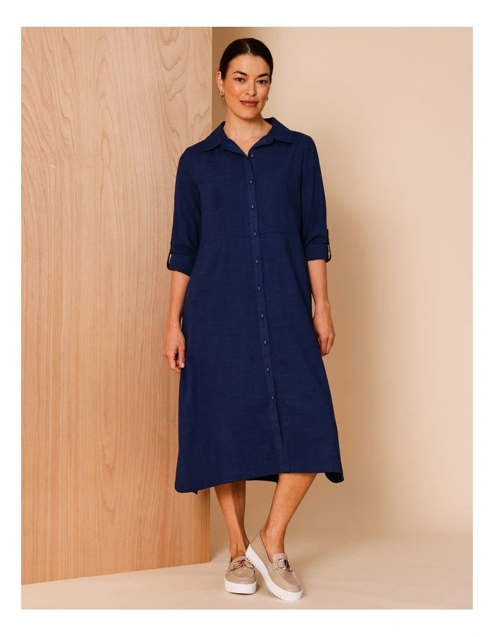 Long Sleeve With Roll Up Tab Shirt Dress With Pockets in Navy Crossdye image 1
