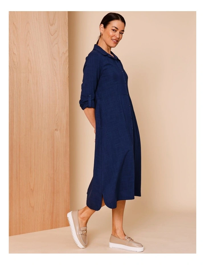 Long Sleeve With Roll Up Tab Shirt Dress With Pockets in Navy Crossdye image 2