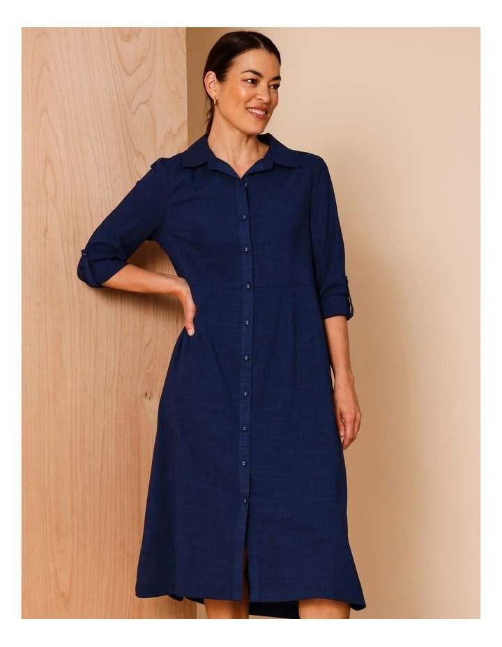 Long Sleeve With Roll Up Tab Shirt Dress With Pockets in Navy Crossdye image 3