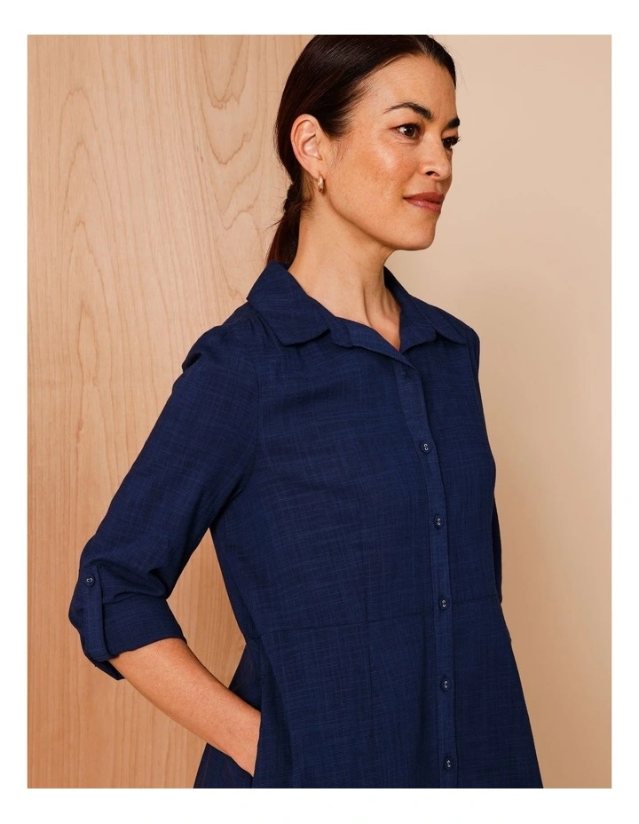 Long Sleeve With Roll Up Tab Shirt Dress With Pockets in Navy Crossdye image 4