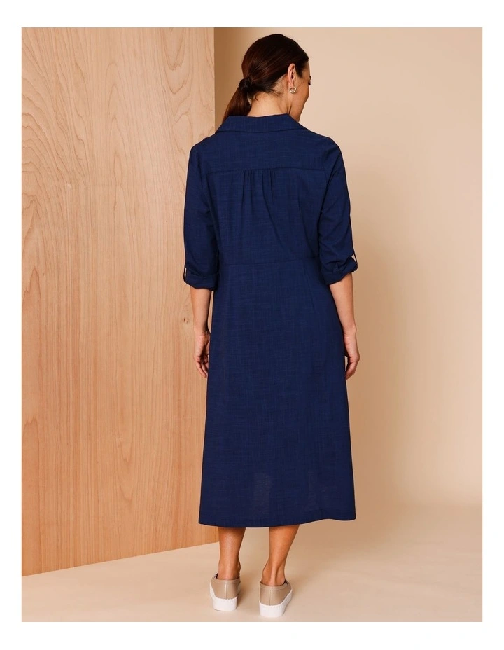 Long Sleeve With Roll Up Tab Shirt Dress With Pockets in Navy Crossdye image 6