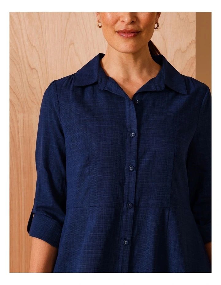 Long Sleeve With Roll Up Tab Shirt Dress With Pockets in Navy Crossdye image 7