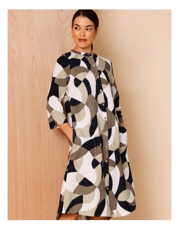 Stand Collar Button Front 3/4 Sleeve Dress in Navy/Neutral/Stone Abstract