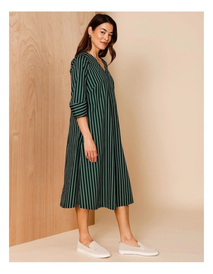 V Neck Dress With Lantern 3/4 Sleeve And Front Inverted Pleat in Pine Needle/White Stripe image 1