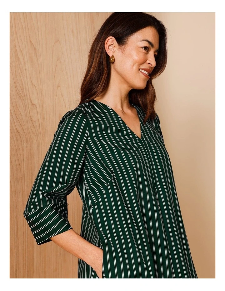 V Neck Dress With Lantern 3/4 Sleeve And Front Inverted Pleat in Pine Needle/White Stripe image 2