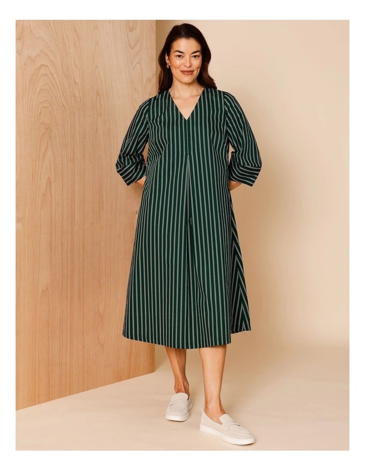 V Neck Dress With Lantern 3/4 Sleeve And Front Inverted Pleat in Pine Needle/White Stripe image 3