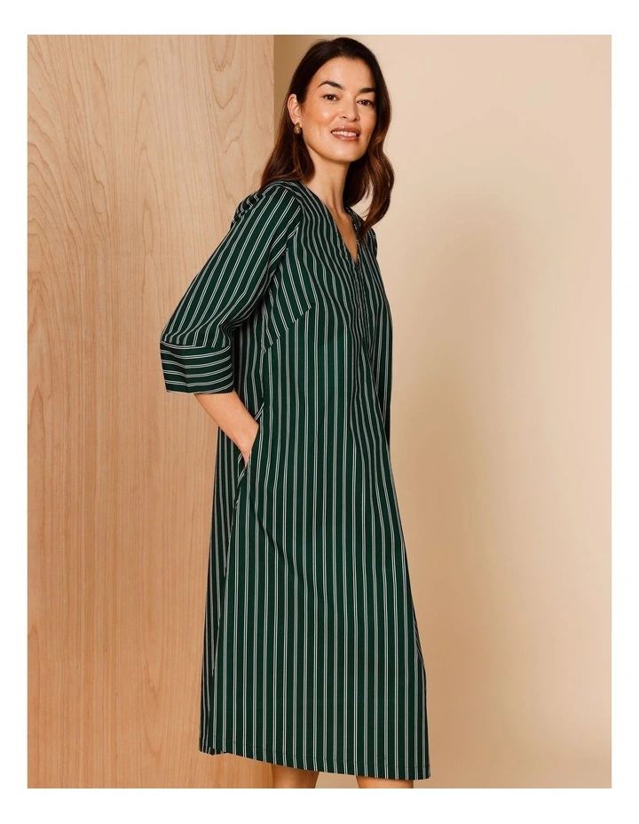 V Neck Dress With Lantern 3/4 Sleeve And Front Inverted Pleat in Pine Needle/White Stripe image 4