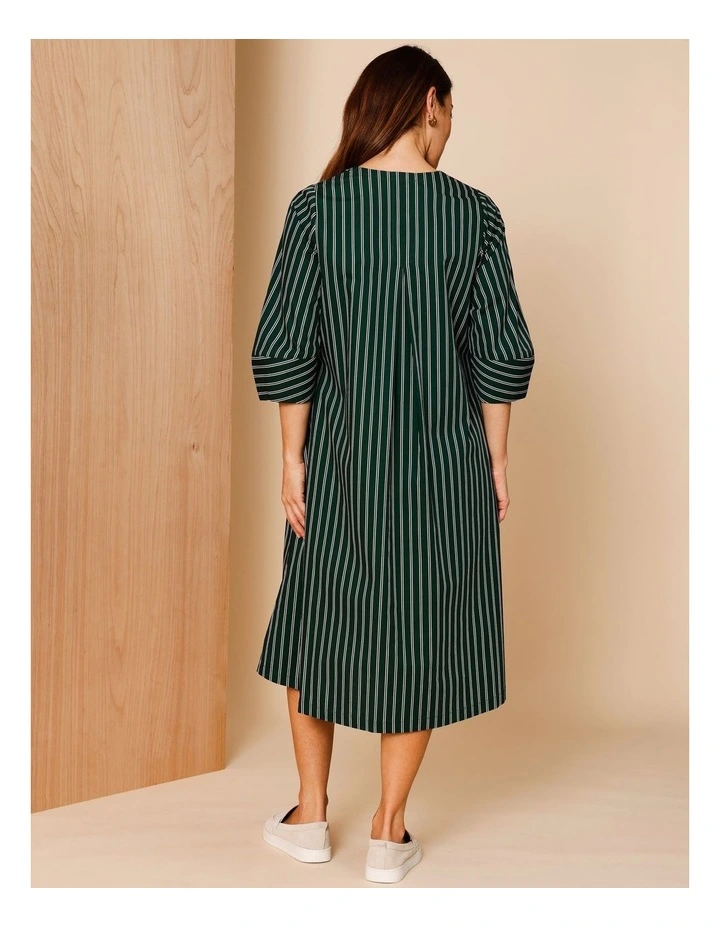 V Neck Dress With Lantern 3/4 Sleeve And Front Inverted Pleat in Pine Needle/White Stripe image 5