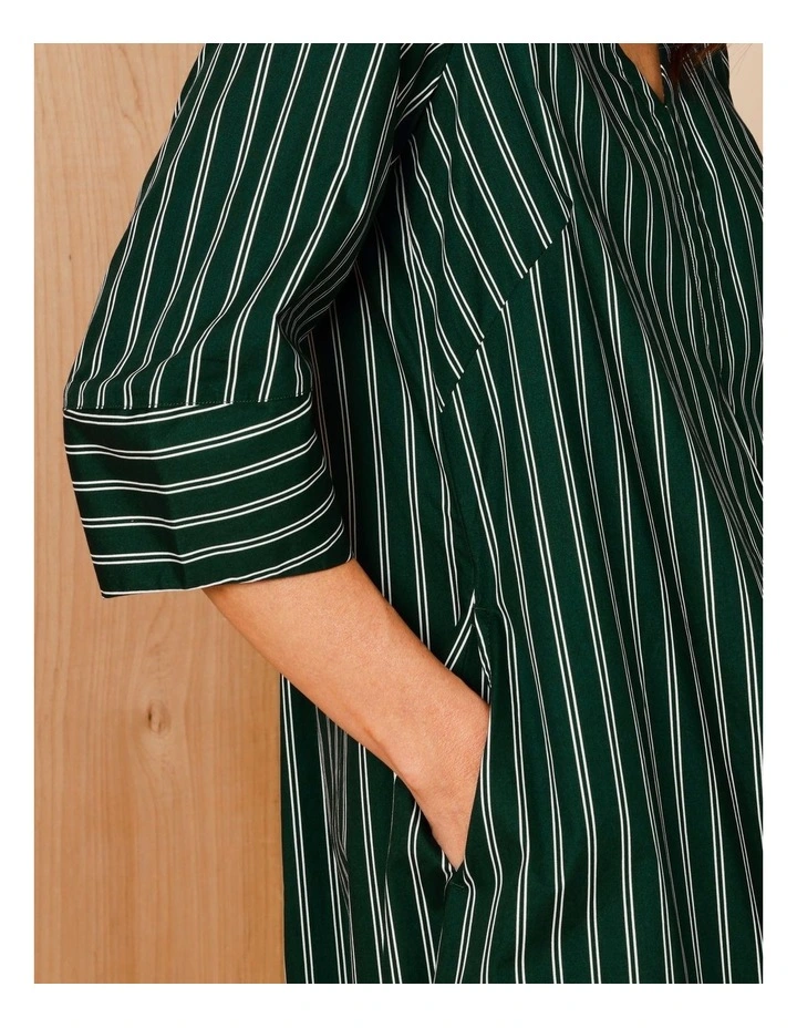 V Neck Dress With Lantern 3/4 Sleeve And Front Inverted Pleat in Pine Needle/White Stripe image 6