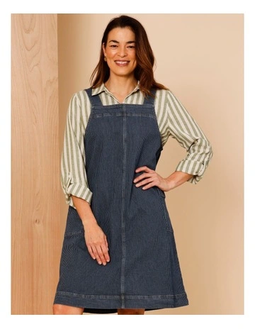 Cotton Blend A-line Pinafore With Pockets In Stripe Denim
