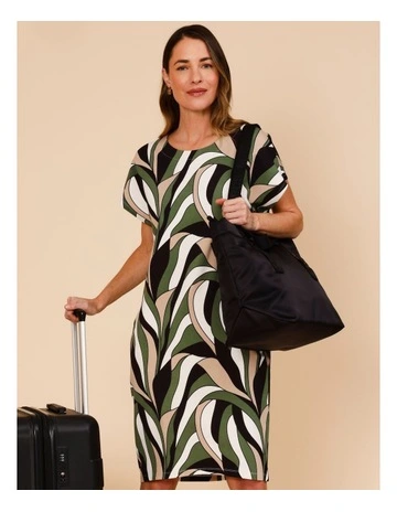 Short Seeve Knit Dress With Pockets In Forest/Natural/Cream Abstract Leaf Print