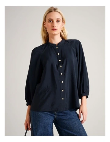 Sustainable Viscose Blend Button Through Raglan Sleeve Top in Navy