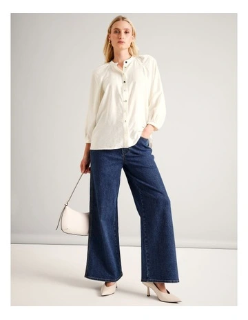 Sustainable Viscose Blend Button Through Raglan Sleeve Top in Ecru