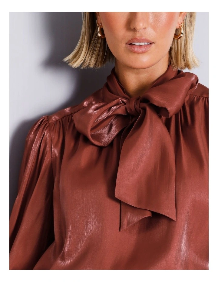 Basque Liquid Satin Tie Neck Blouse in Rust MYER