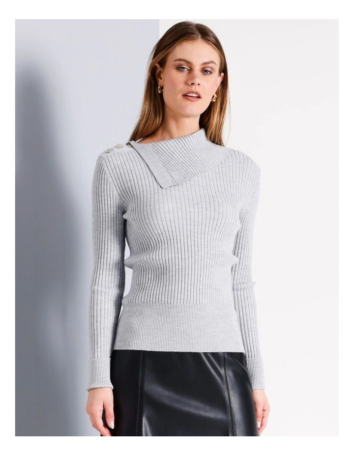 Wool Blend Button Neck Jumper in Grey image 5