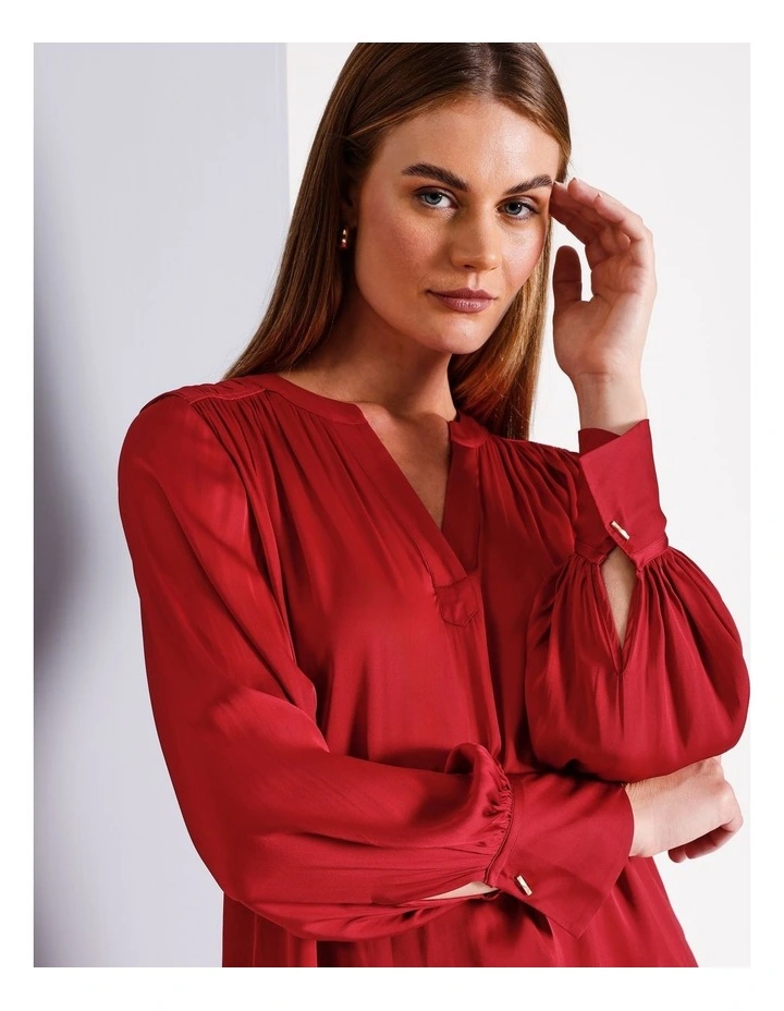Recycled Polyester V Neck Satin Blouse in Red image 2