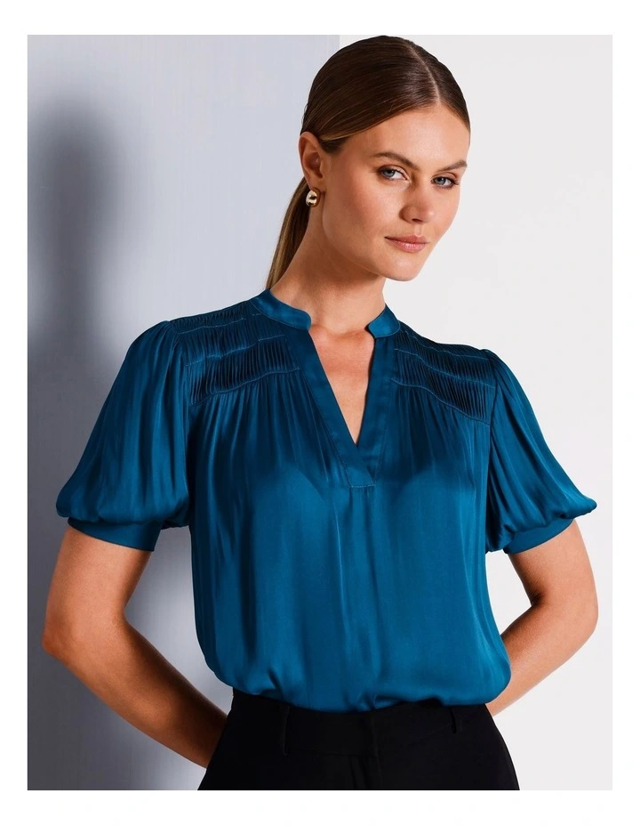 Recycled Polyester Twist Pintuck Satin Blouse in Cobalt image 1