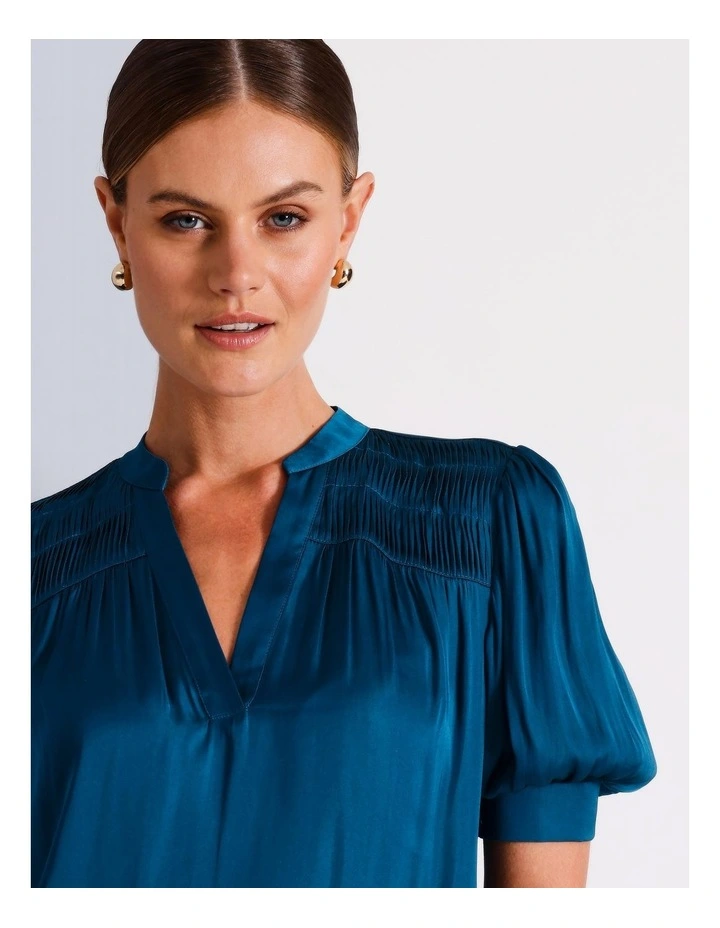 Recycled Polyester Twist Pintuck Satin Blouse in Cobalt image 3