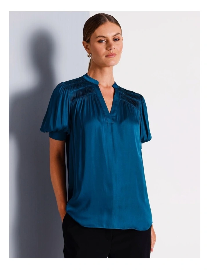 Recycled Polyester Twist Pintuck Satin Blouse in Cobalt image 4
