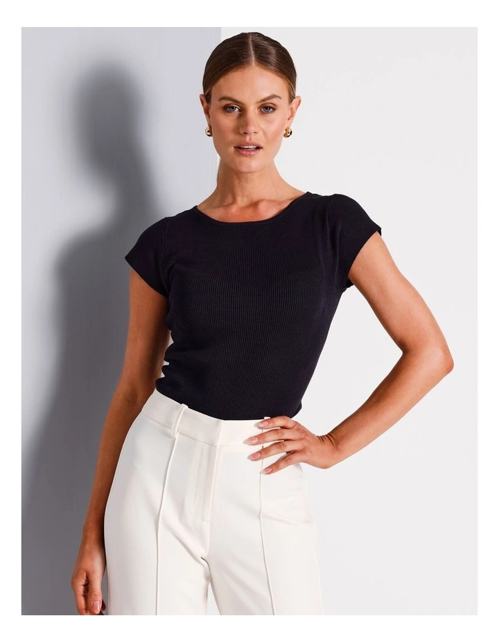 Boat Neck Cap Sleeve Knit Top in Navy image 1