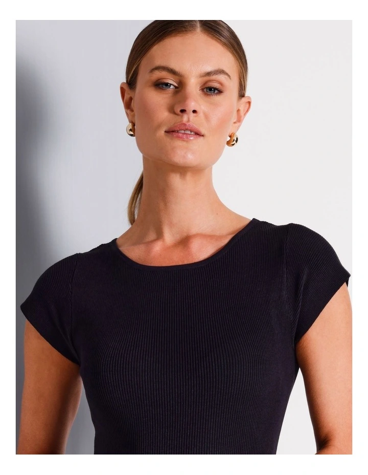 Boat Neck Cap Sleeve Knit Top in Navy image 2