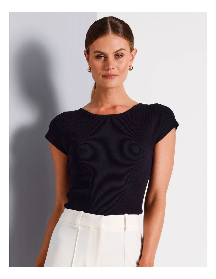 Boat Neck Cap Sleeve Knit Top in Navy image 4