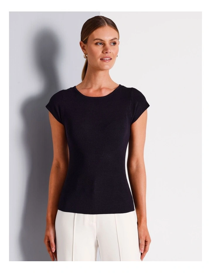 Boat Neck Cap Sleeve Knit Top in Navy image 5