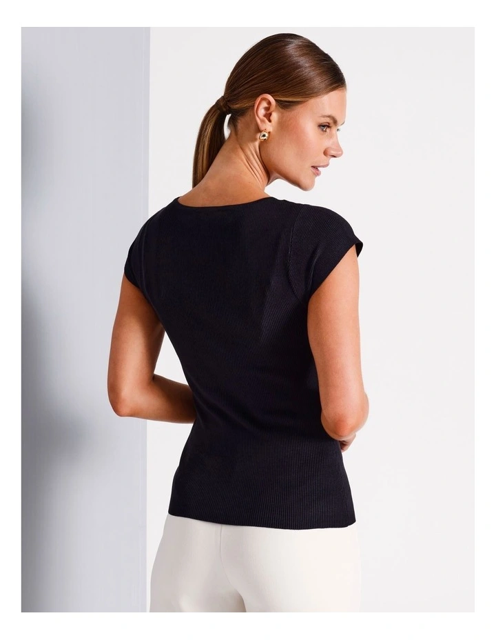 Boat Neck Cap Sleeve Knit Top in Navy image 6