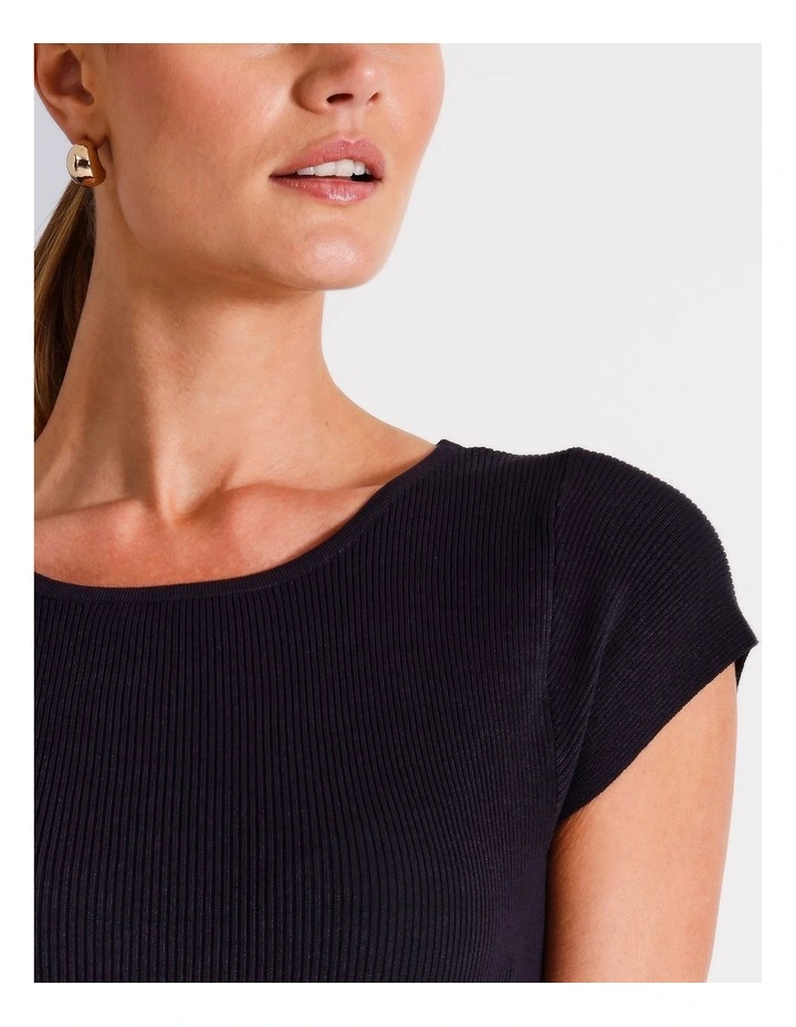 Boat Neck Cap Sleeve Knit Top in Navy image 7