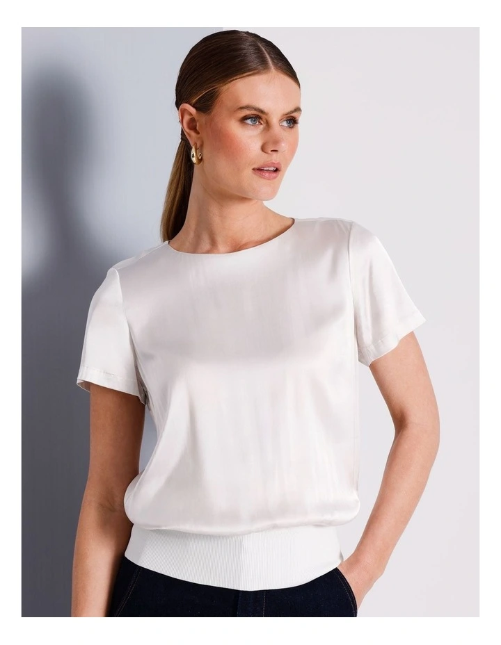 Satin Elastic Waist Tee in Ivory image 1