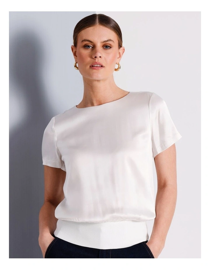 Satin Elastic Waist Tee in Ivory image 2