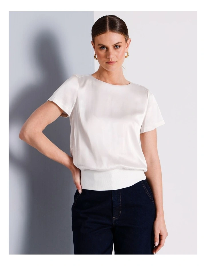 Satin Elastic Waist Tee in Ivory image 4