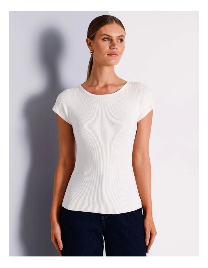 Boat Neck Cap Sleeve Knit Top in Ivory image 4