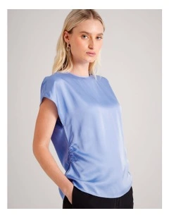 Gathered Side Satin Top in Hydrangea Blue