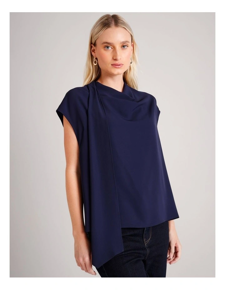 Recycled Poly Cowl Neck Tie Top in Navy image 1