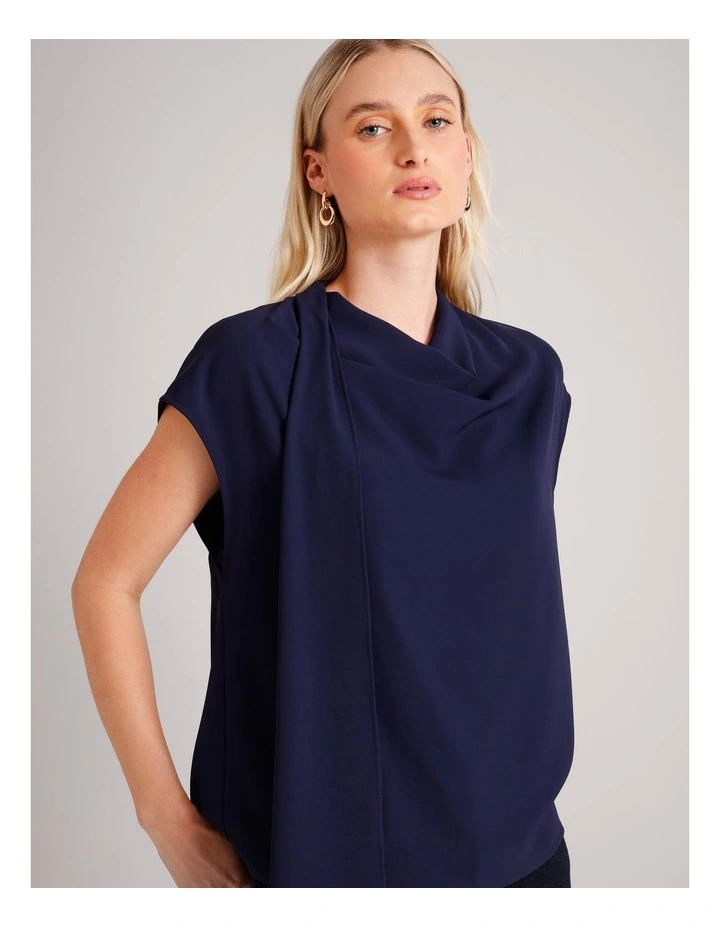 Recycled Poly Cowl Neck Tie Top in Navy image 3