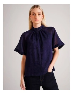 Flutter Sleeve Pinch Neck Top in Navy