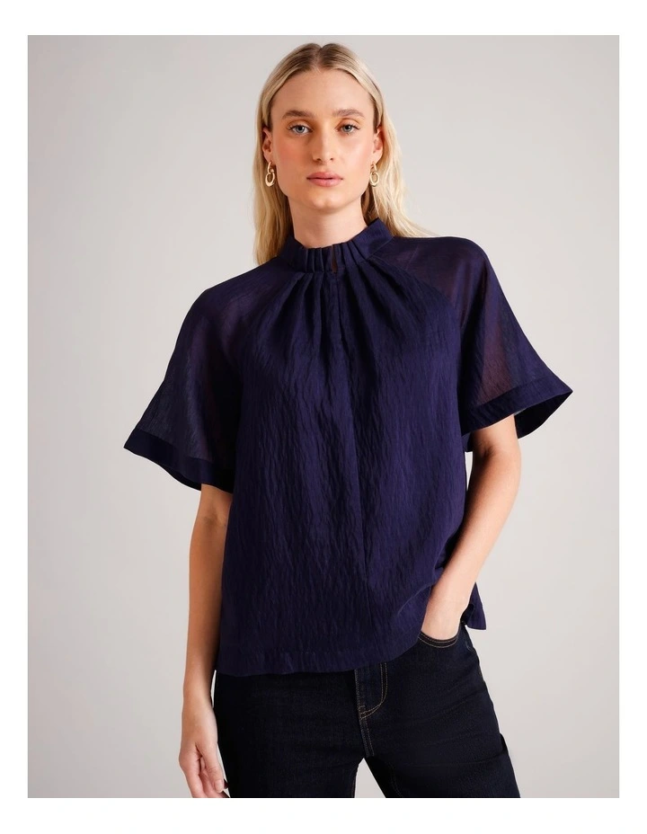 Flutter Sleeve Pinch Neck Top in Navy image 1