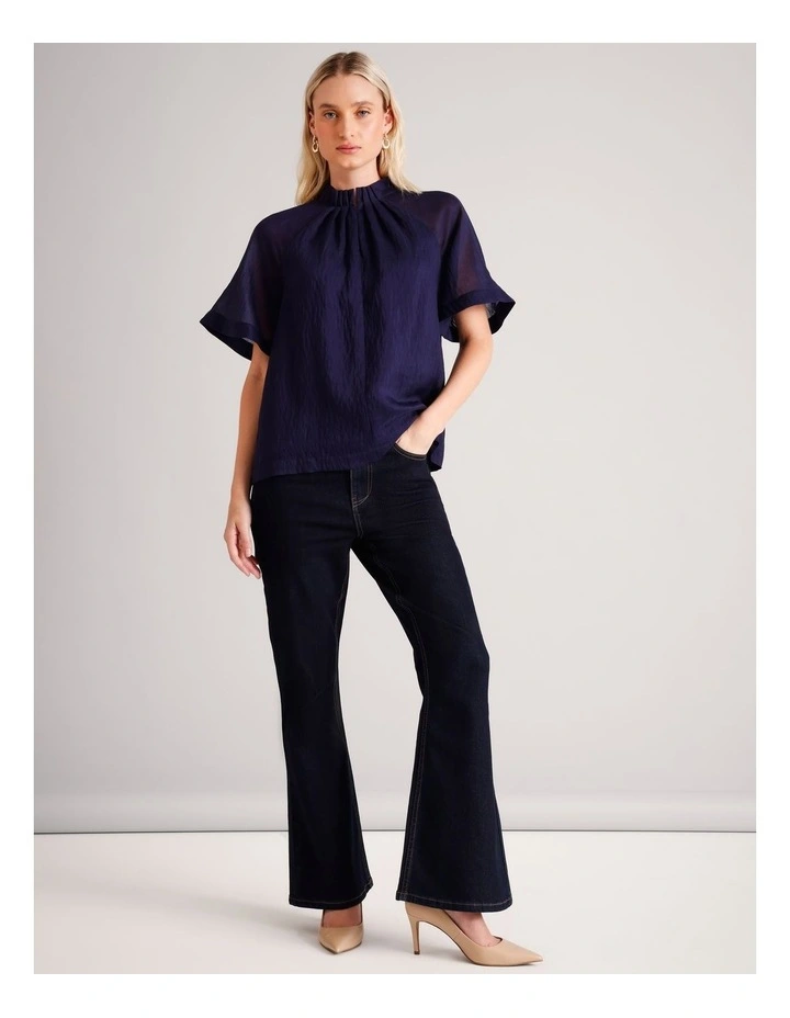 Basque Flutter Sleeve Pinch Neck Top in Navy MYER