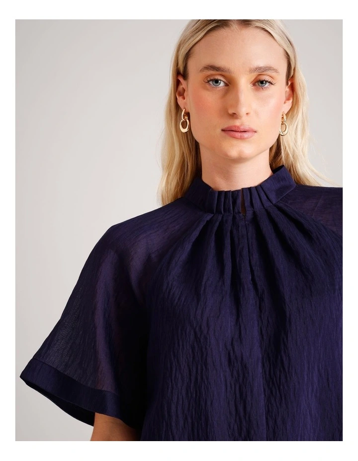 Flutter Sleeve Pinch Neck Top in Navy image 4