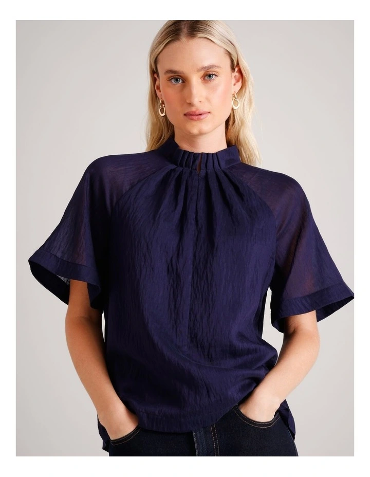 Flutter Sleeve Pinch Neck Top in Navy image 7