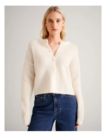 Chunky Fluffy Crew Neck Cardi in  Ecru