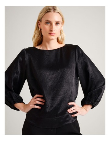Crushed Acetate Long Sleeve Top in Black