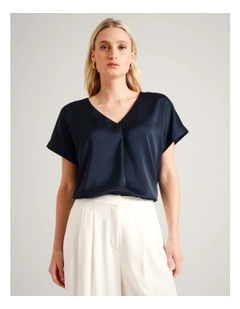 Satin V-Neck Tee in Navy